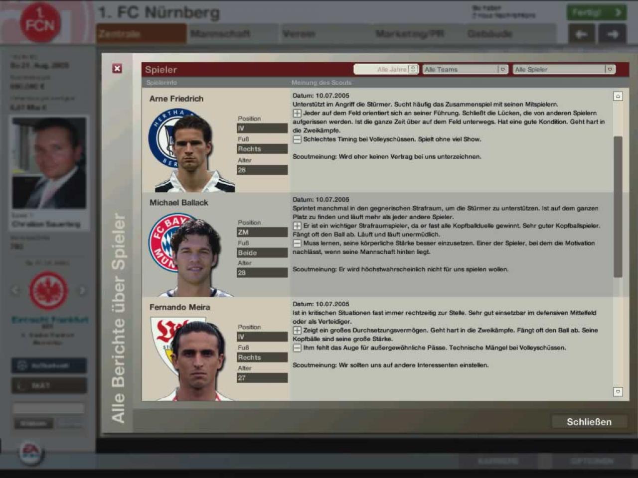 [23/09/2005] Umfangreichere Berichte über Spieler und Vereine gibt es im neuen Scouting-Menü. Auch die Wechselwilligkeit der Kicker wird ausgelotet.