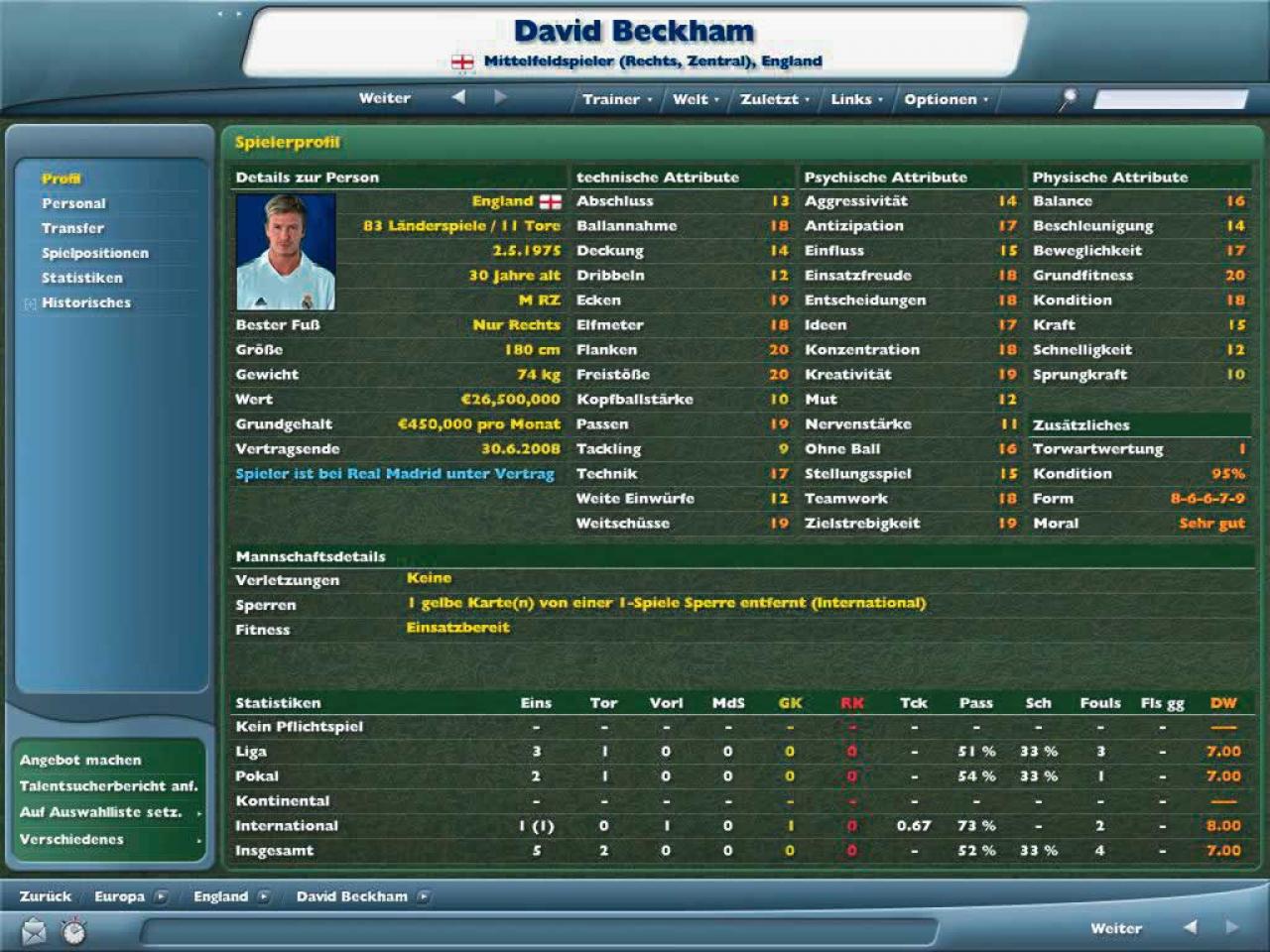 [21/10/2005] Eine Gesamtstärke gibt es nicht. Wie gut ein Spieler ist, verraten knapp 40 Attribute mit Werten von 1 bis 20.