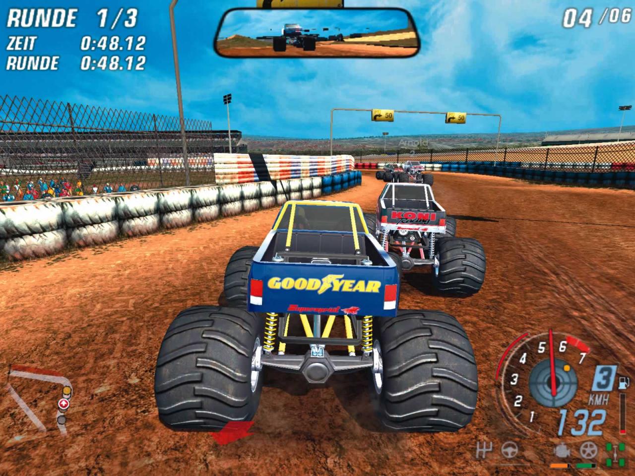 [21/02/2006] In der Offroad-Karriere bekommen Sie es sogar mit tonnenschweren Monster Trucks zu tun, die nur gemächlich über die schlammigen Pisten rollen.