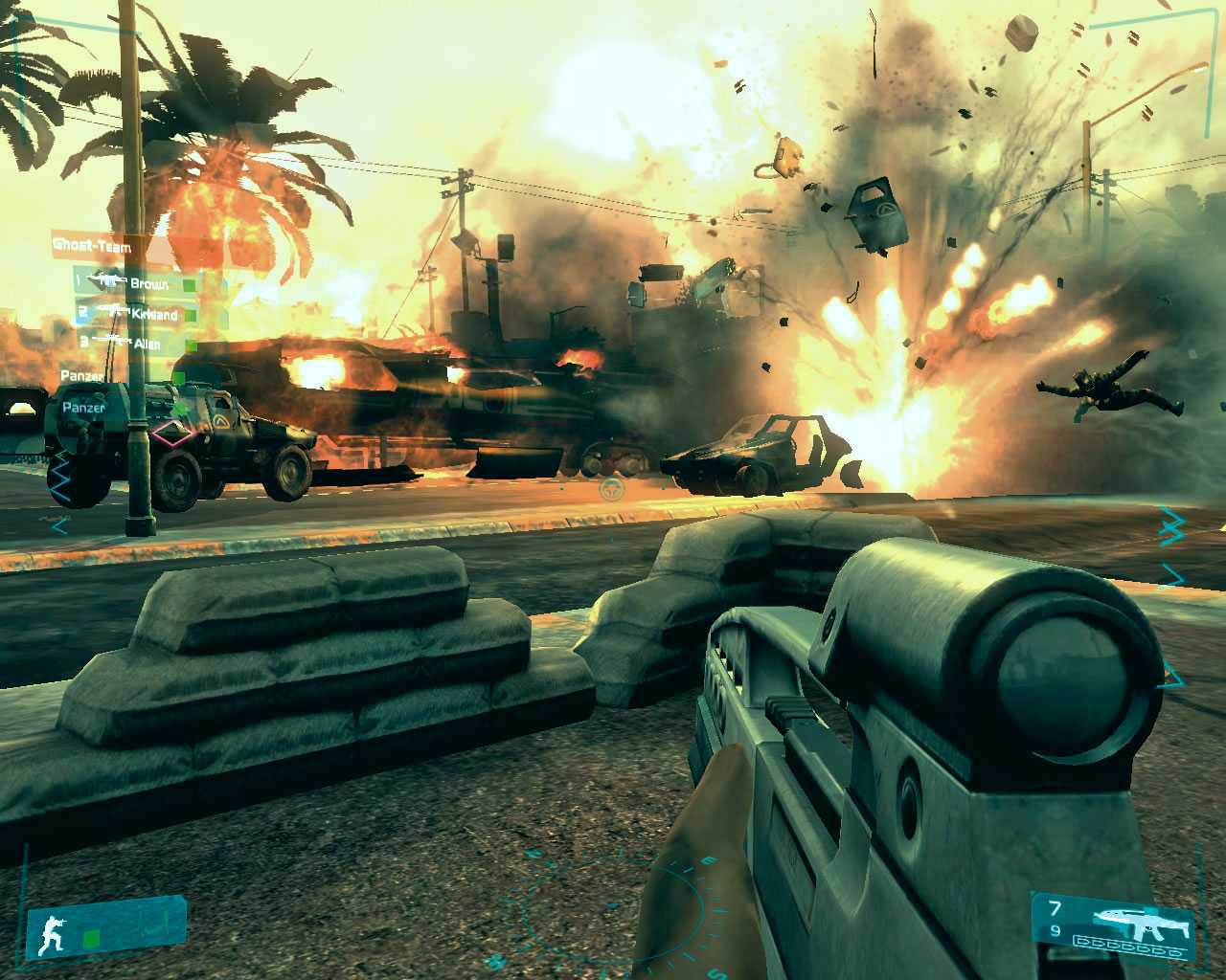 [24/05/2006] Explosionen, herumfliegende Trümmerteile und dicke Rauchschwaden gehören klar zu den Stärken der Engine von Ghost Recon. Eine hohe Framerate auch auf mittleren Rechnern leider nicht.