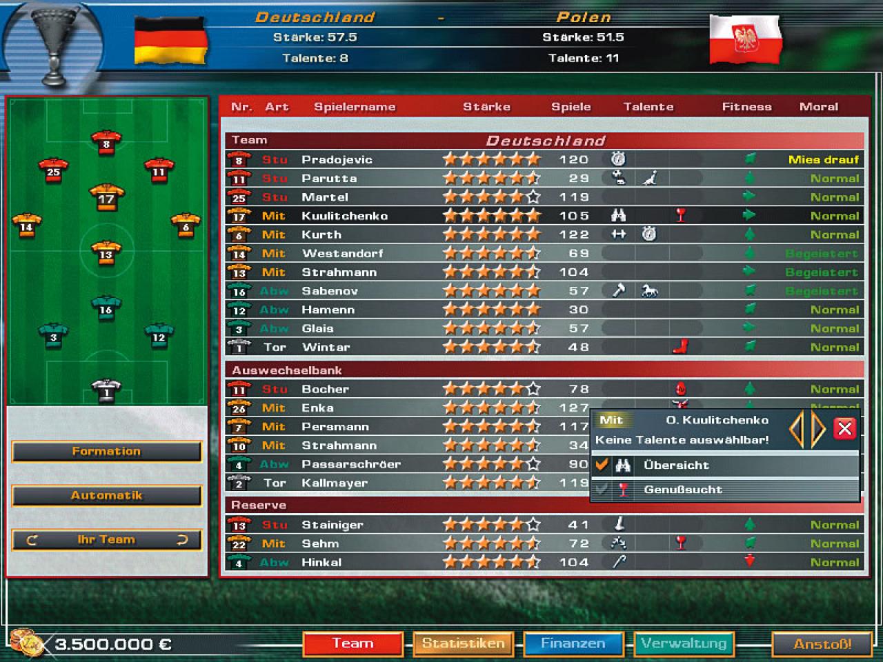 [24/05/2006] Ihre Mannschaft stellen Sie mit wenigen Mausklicks auf. Die Stärke wird von 0 bis 6 Sternen angegeben.