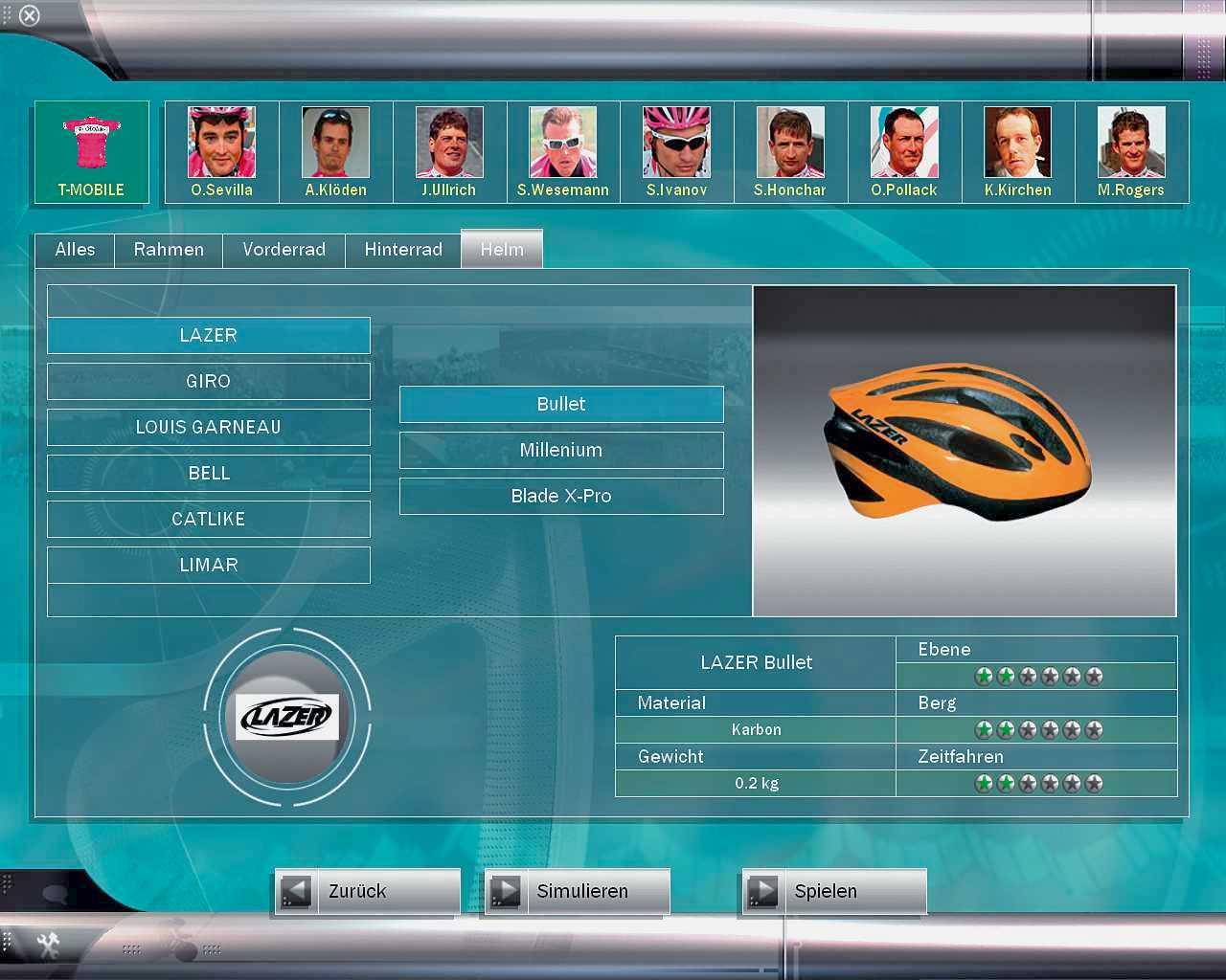 [22/06/2006] Vor jedem Rennen legen Sie das Equipment Ihres Teams fest. In diesem Fall wählen wir den Allrounder-Helm.