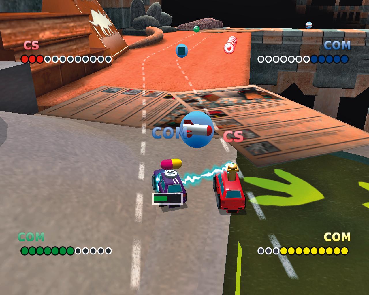 [21/07/2006] Mit witzigen Power-ups nehmen Sie Ihre Gegner aufs Korn. Hier brutzeln wir einen KI-Fahrer mit der Stromkanone.
