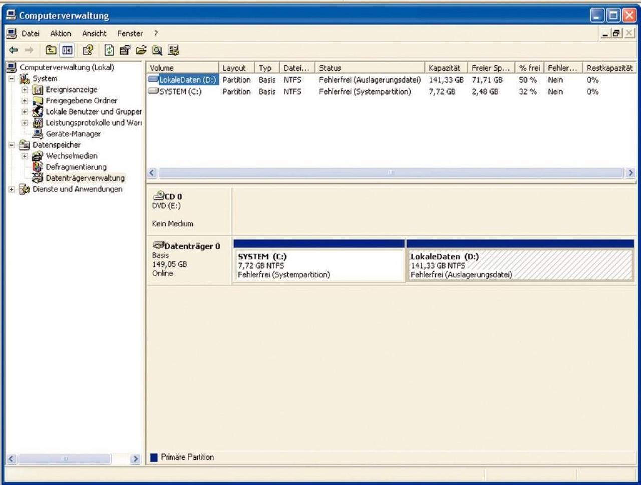 [28/07/2006] Datenträgerverwaltung: eine Festplatte kann hier partitioniert werden.