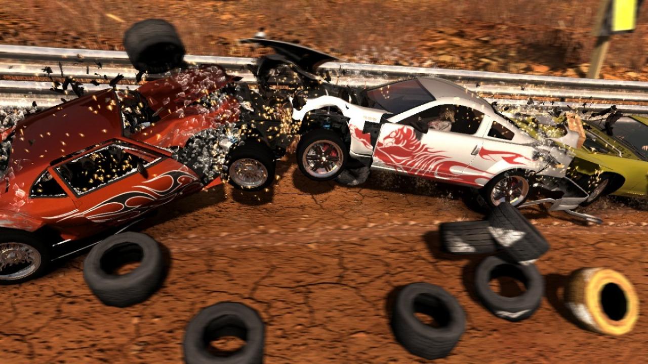 [04/05/2007] Flatout: Ultimate Carnage - Bei Flatout-Spielen spielt das Rammen von anderen Autos eine wichtige Rolle. Dementsprechend toll sieht der Blechschaden aus, auch die Zusammenstöße fühlen sich außerdem wuchtig an.