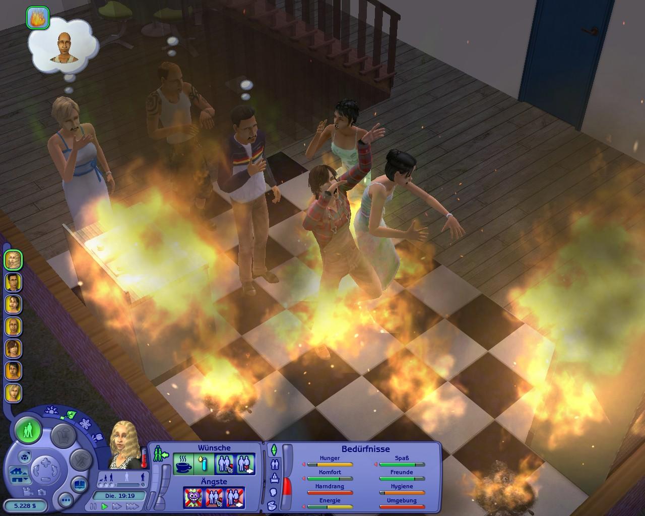 [16/08/2007] Verbrennen Vergessliche Sims lassen öfter mal das Essen auf dem Herd stehen, das schon bald in Flammen aufgeht. Kommt der Sim beim Löschversuch dem Feuer zu nahe, kann er selbst zu brennen an­fangen. Geist: rot.