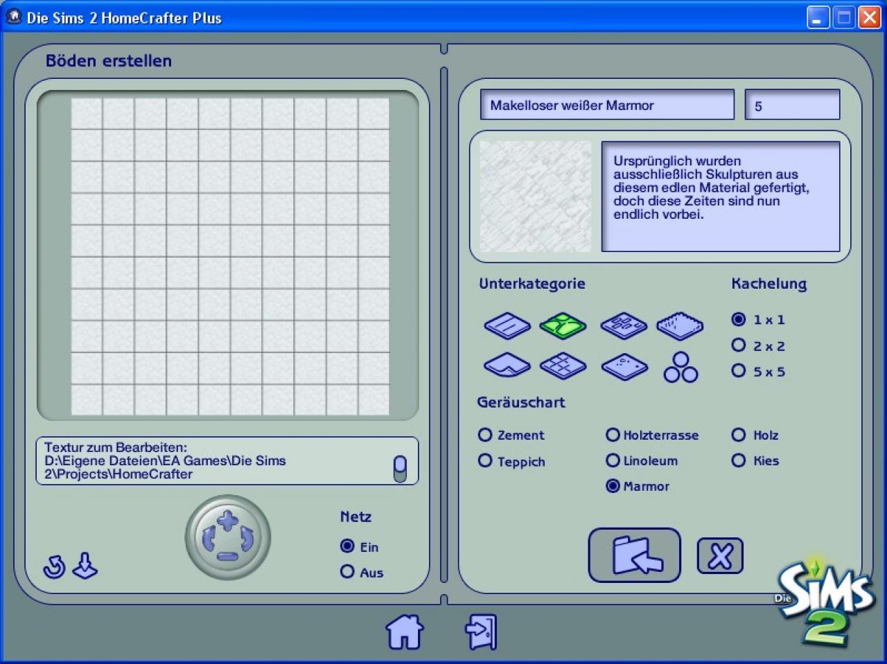 [16/08/2007] Schritt 3 In dem nun erschienenen Bearbeitungsfenster sehen Sie den Pfad, unter dem das Bild als Datei „floor_marble_white.bmp“ gespeichert wurde („Eigene Dateien\EA Games\Die Sims 2\Projects\HomeCrafter Plus\Arbeitsverzeichnis“).