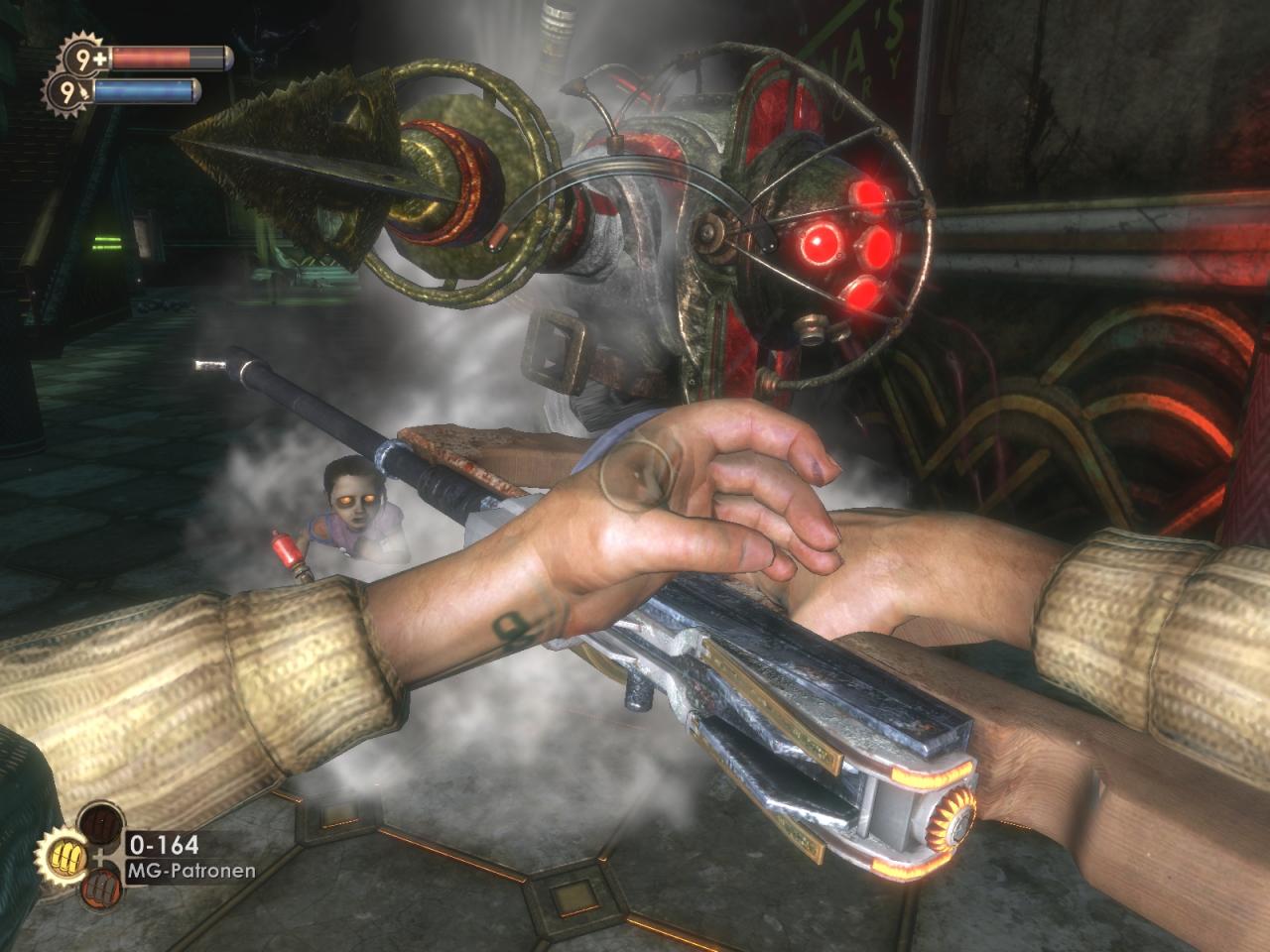 [16/08/2007] Handhabe - Die vorn herausragenden Arme sind in Shootern zwar üblich, in Bioshock aber besonders hübsch gelungen. Hier lädt der Held das Maschinengewehr nach.