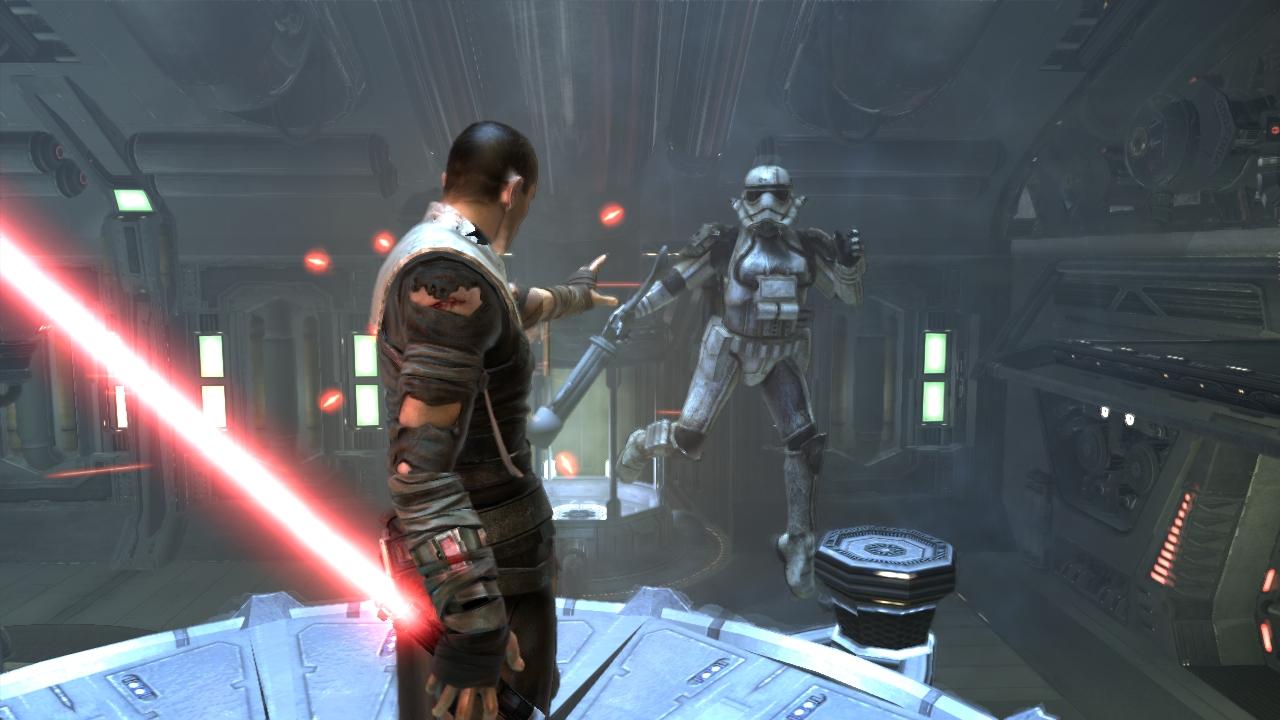 [31/01/2008] Star Wars: The Force Unleashed: Mit der Macht lasst ihr die armen Sturmtruppen in der Luft baumeln, während sie sich ineinander verhaken und versuchen, in der Umgebung Halt zu finden. Glas oder Holz ließen sich mithilfe der Macht eindrucksvoll zerlegen.
