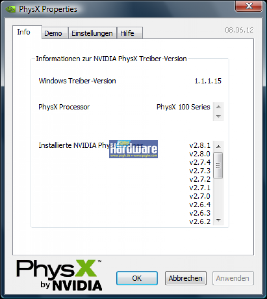 [09/07/2008] Die Nvidia PhysX Systemsoftware v8.06.12 installiert zwei neue PhysX-Runtimes