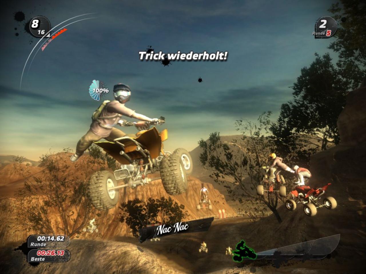 [16/09/2008] Erwischen Sie den richtigen Absprungzeitpunkt (siehe „100%“ im Bild), haben Sie mehr Flugzeit für Ihre Stunts.
