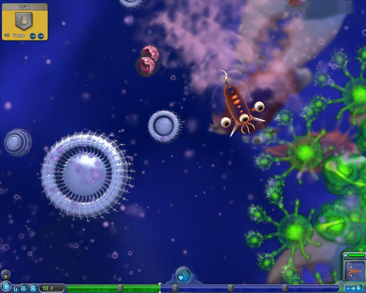 [02/09/2008] 1. Die Ursuppenphase Der Einstieg in Spore ist ein einfaches Action-Spiel: Mit der Maus klickt man seine primitive Kreatur durch das Meer und versucht zu wachsen. Dazu frisst man entweder Pflanzen oder verspeist andere Organismen. Erste Anpassungen wie Stacheln, ein kräftigerer Schwanz oder ein Saugrüssel verschaffen Vorteile gegenüber den anderen Tieren. Positiv: - Hinreißend schöner Grafikstil - Blitzschnelles Gameplay Leicht verständlicher Einstieg in den Kreaturen-Editor: - Neue Eigenschaften wirken sich sofort aus. - Simple Maus-Steuerung Negativ: - Sehr kurz und sehr leicht (1)