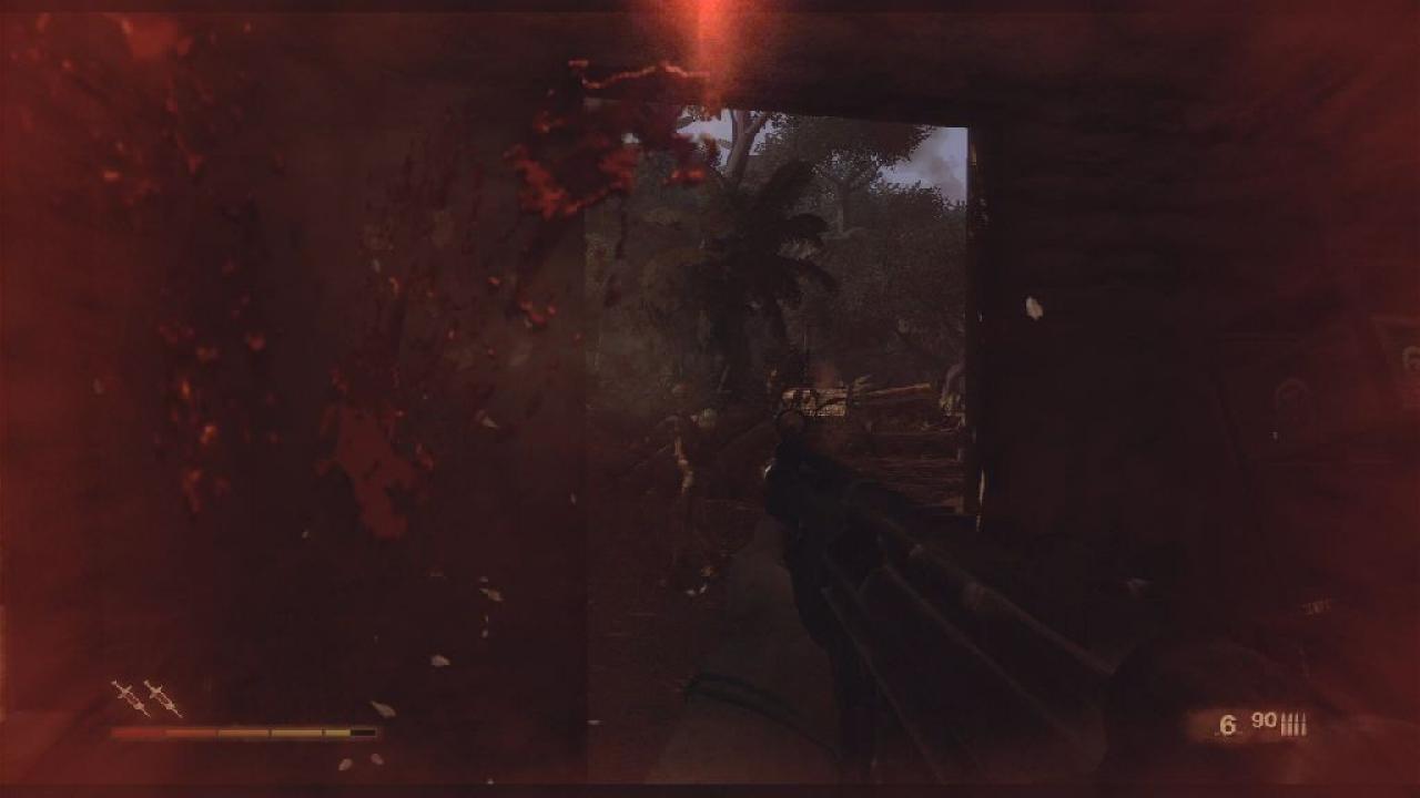 [19/09/2008] Hier sehen wir einen Screenshot aus Far Cry 2. Ubisoft mixt einen Rotfilter mit angedeuteten Blutspritzern und eingeschränkter Bildhelligkeit. 