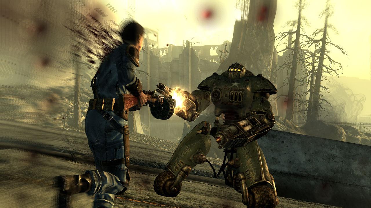 In-Game-Szene aus Fallout 3: Charakter schießt auf Roboter.