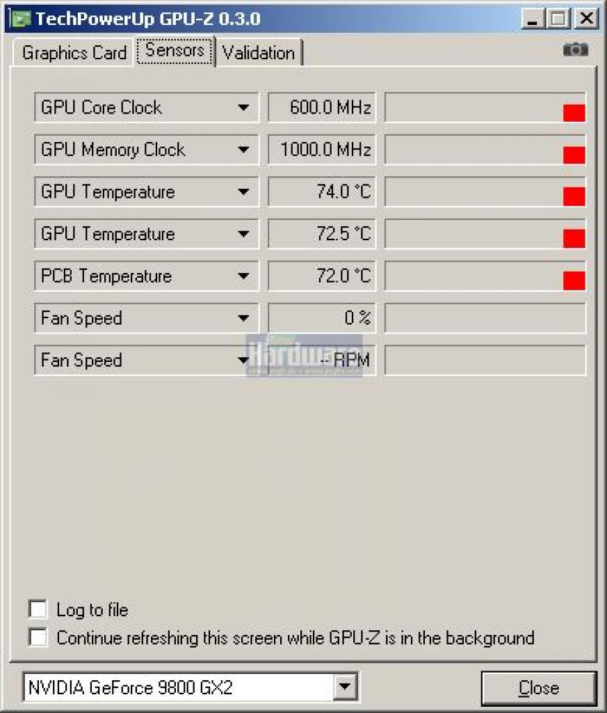 [05/12/2008] GPU-Z 0.3.0 - Übersicht über die ausgelesenen Sensoren.
