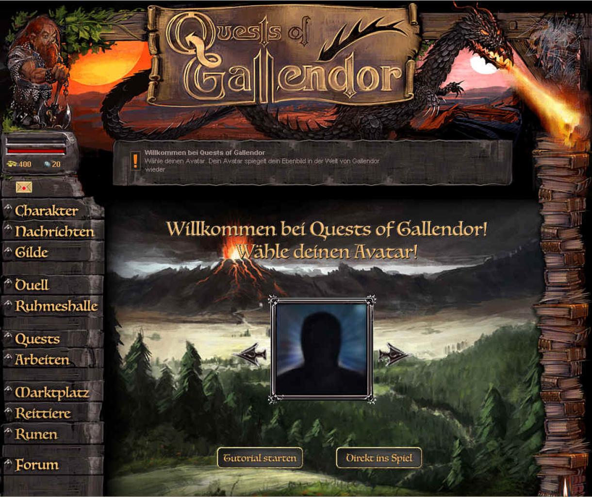 [20/01/2009] Die Charaktererstellung in Quests of Gallendor geht flott: Werte und Avatarbild eingestellt und fertig.