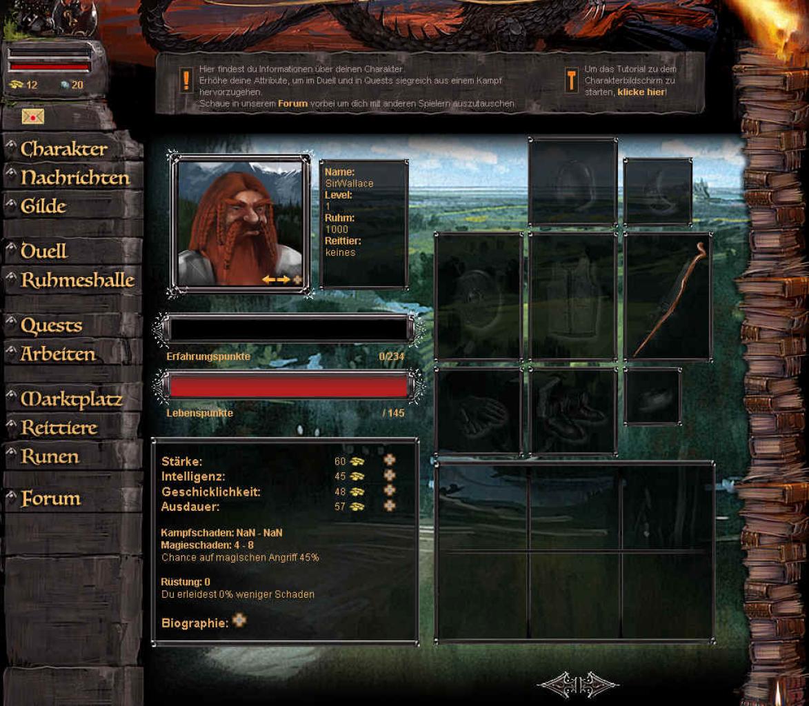 [20/01/2009] Im Charaktermenü von Quests of Gallendor sehen Sie Werte und Ausrüstung.
