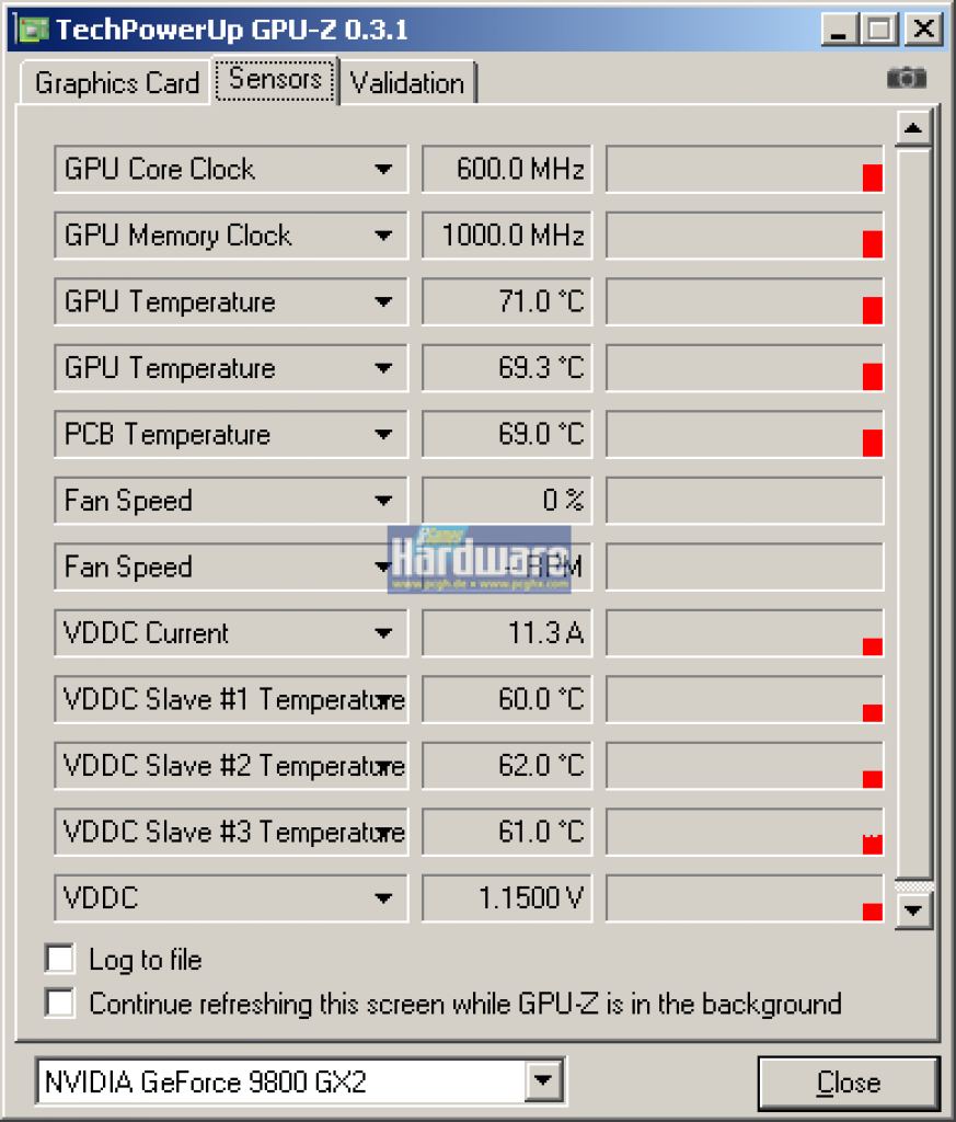 [05/01/2009] GPU-Z 0.3.1 - Übersicht über die ausgelesenen Sensoren.