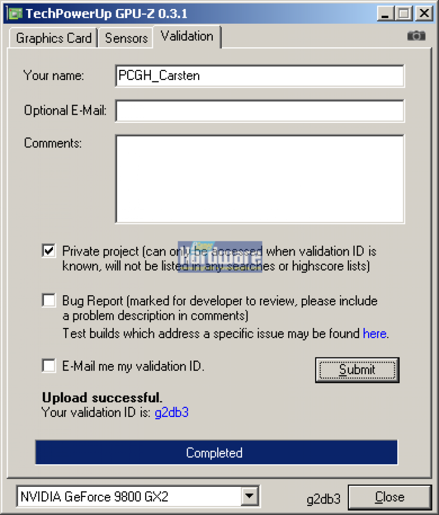 [05/01/2009] GPU-Z 0.3.1 - Validation der Ergebnisse.
