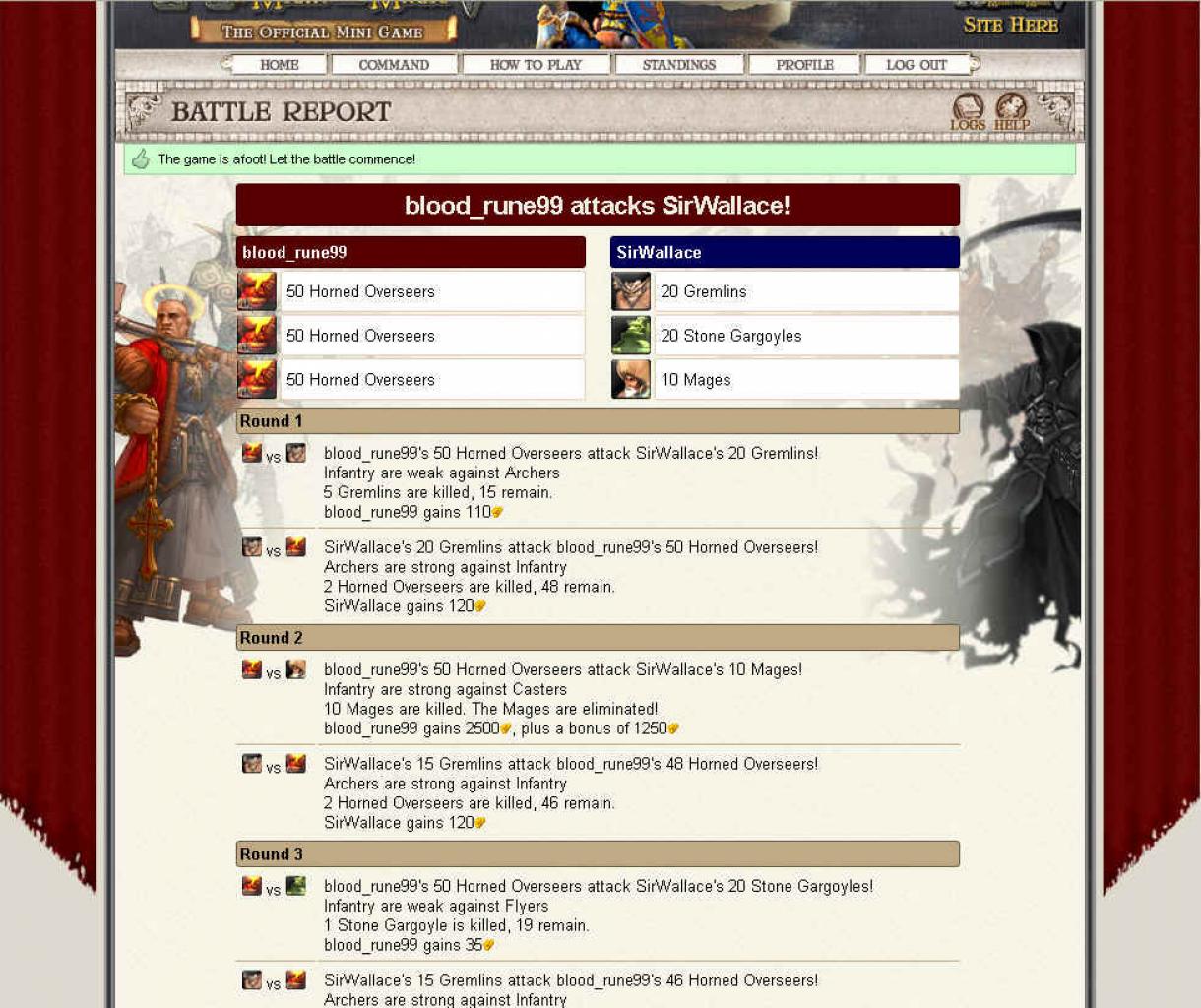 [15/01/2009] Nach der Schlacht zeigt Ihnen Heroes Mini das übersichtliche Kampflog. Jede Runde wird genau aufgezeichnet.