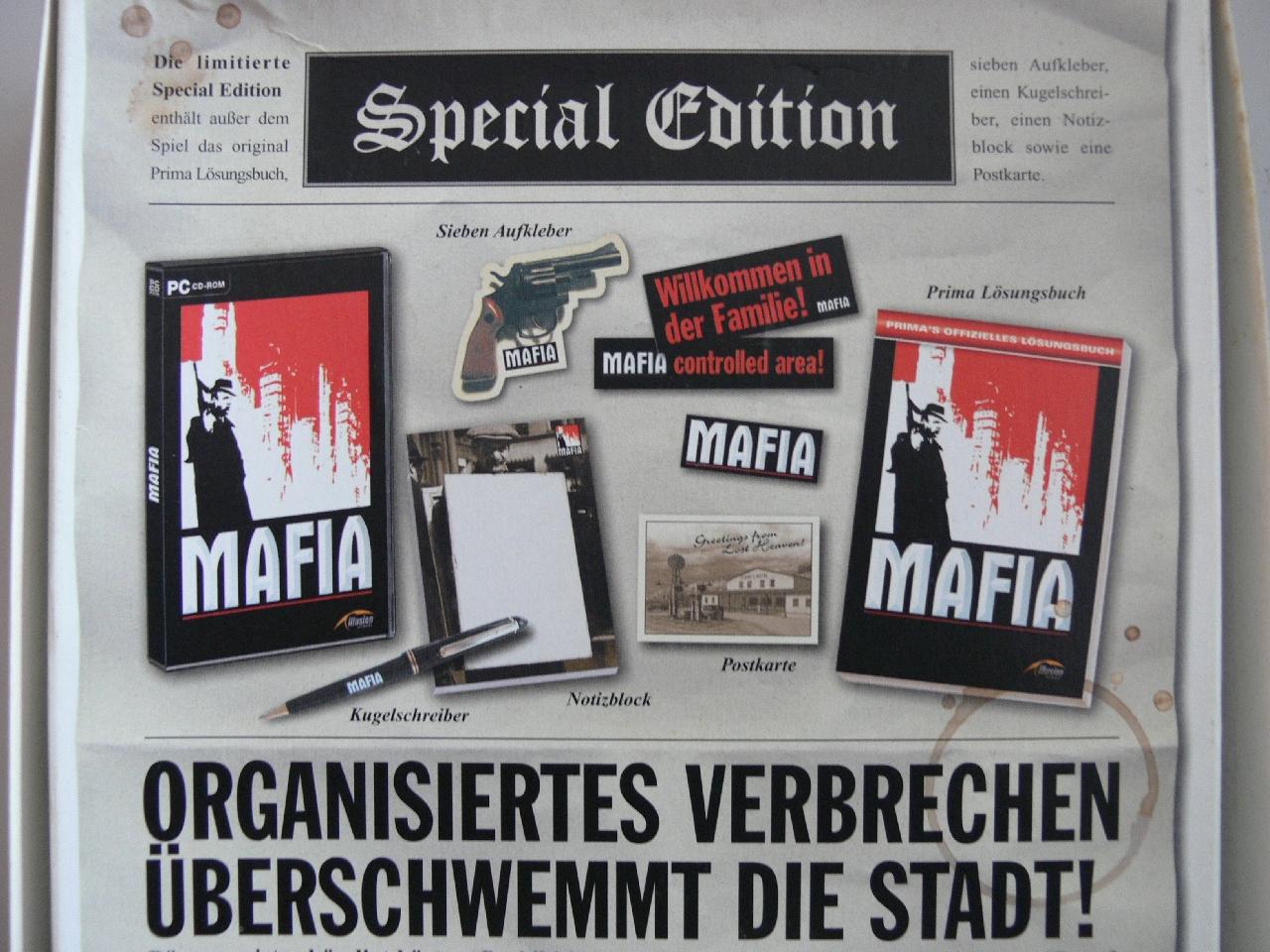 [07/01/2009] Mafia: The City of Lost Heaven - Mit an Bord: Kugelschreiber, Aufkleber, Lösungsbuch, Notizblock und Postkarte.
