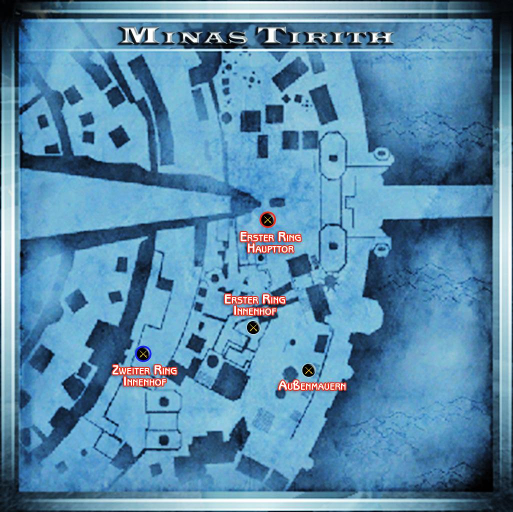 [14/01/2009] Minas Tirith ist eine Mischung aus Geben und Nehmen. Das Team des Guten hat leichteren Zugang zum Kontrollpunkt an der Außenmauer; allerdings beginnt das Team des Bösen mit einem Troll in seiner Heimatbasis. Diese Karte verfügt über vier Kontrollpunkte; jeder davon verschafft dem Team, das ihn kontrolliert, wie gehabt Siegpunkte. Tipps & Tricks: Eroberung- Der meiste »Verkehr« auf dieser Karte kommt geradewegs den zentralen Weg hinunter. Nehmen Sie sich in diesem Gebiet in Acht. Wenn Sie sich hier einen Gegner zur Brust nehmen, haben Sie möglicherweise drei weitere an den Hacken, bevor Sie wissen, wie Ihnen geschieht.- Minas Tirith wartet mit einem langen, geraden Pfad auf, auf dem ein Bogenschütze Gegner über sehr große Distanz ohne Mühe aus dem Verkehr ziehen kann. Darüber hinaus sind Bogenschützen in der Lage, Ziele von den Seitenbalkonen oder von den Ecken aus in Brand zu stecken, um jeden Gegner zu rösten, der auf einen Kontrollpunkt zueilt. - Zauberer können Verbündete ohne Gefahr heilen, so lange sie sich nicht in Sichtweite des Gegners befinden.- Um eine wirkungsvolle Verteidigung gegen Fernangriffe zu errichten, sorgen Sie dafür, dass zwei Zauberer mit aktivierten Schilden den Hauptweg patrouillieren. Die magischen Blasen decken den ganzen Bereich ab und schützen vor Projektilen von vorne und von oben.- Zu Beginn der Partie kann ein Kundschafter den Hauptweg hinaufeilen und sich dort tarnen, unmittelbar außer Sichtweite des vom Gegner eroberten Gebiets, das am weitesten entfernt ist. Meistens ist dieser Bereich verlassen oder nur schwach verteidigt, so dass Sie sich anschleichen und den Feind ausschalten können, um das Gebiet im Alleingang zu erobern.- Es gibt auf dieser Karte viele Nischen und schmale Durchgänge, in denen ein Kundschafter untertauchen kann - ideale Voraussetzungen für einen Hinterhalt! - In Minas Tirith ist es dem Krieger nicht so leicht möglich, an seine Gegner heranzukommen, wie auf anderen Karten. Denken Sie daran, Ihre Wurfaxt einzusetzen, um Feinde zu betäuben, oder greifen Sie auf Ihre Schultersturmattacke »Starker Angriff« zurück, um rasch zu Ihren Widersachern aufzuschließen.Tipps & Tricks: Team-Deathmatch- Die meisten Abschüsse sammeln Sie auf dem unteren Hauptpfad, wo am meisten »Verkehr« herrscht.- Auf dieser Karte gibt es eine Menge Verstecke. Halten Sie die Augen nach plötzlich auftauchenden Gegnern offen! Feinde können sich von Balkonen fallen lassen, unversehens hinter Ihnen Treppen herunterkommen oder aus den Seitenwänden auftauchen.- Fernkämpfer tragen ihre Gefechte regelmäßig auf dem oberen Balkon aus. Welche Seite hier Fuß fassen kann, besitzt sozusagen die »Lufthoheit« über diese Karte.- Halten Sie nach Scharfschützenpunkten oben auf den höchsten Stufen von Minas Tirith Ausschau. Bogenschützen können von hier aus zu den Mauern hinüberhuschen, um zusätzliche Deckung zu suchen, oder beziehen in den offenen Bereichen Stellung, um ein besseres Schussfeld zu haben. Darüber hinaus können Sie sich immer in die entgegen gesetzte Richtung zurückziehen, falls die Gegner beginnen, die langen Treppenfluchten zu erklimmen.- Der zur »Feuerwand« gehörende Feuerball des Zauberers kann ein ganzes Stück weit fliegen. Wenn Sie den Winkel richtig wählen, können Sie Feuerwände auf den niedrigen Balkonen auf der gegenüberliegenden Seite des Hauptpfads erschaffen und den Feind so in die Enge treiben.- Als Kundschafter sollten Sie sich auf Zehenspitzen vorwärts bewegen, wenn Sie in den beengten Korridoren von Minas Tirith unterwegs sind. Ein unerwarteter Angriff aus dem Hinterhalt kann einen Gegner zu Fall bringen, bevor er Sie auch nur zu Gesicht bekommt. - Gandalf ist in der Lage, seine Feinde an jedem Ort der Karte zu vernichten, doch der kleine östliche Balkon bietet hierfür die meisten Voraussetzungen. Von hier aus können Sie Blitzschläge auf nichts ahnende Feinde herabregnen lassen und »Feuerwände« heraufbeschwören. Zudem können Sie sich die Treppen zunutze machen oder einfach über die Seite des Balkons hüpfen, falls es Ihren Gegnern in den Sinn kommen sollte, Ihnen nachzustellen.- Die offensiven Manöver des Hexenkönigs dienen ebenso seiner Verteidigung. Dank »Angmars Hast« kann der Hexenkönig hoch in die Luft springen, über Feinde hinweg, um sich in eine bessere Position für einen Gegenangriff zu bringen.