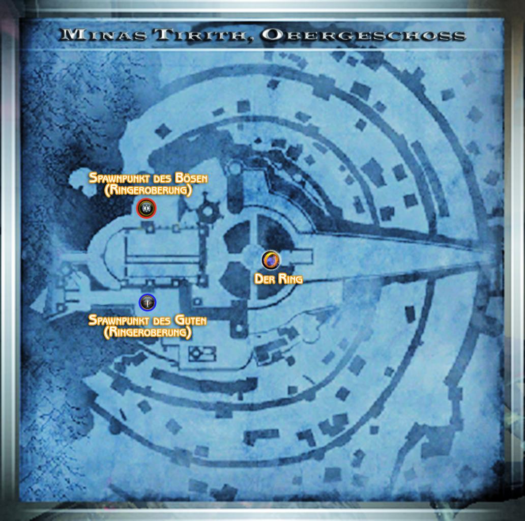 [14/01/2009] Minas Tirith ist so groß, dass zwei Karten nötig sind, um die Stadt ganz abzudecken. Im Modus »Ringeroberung« verschlägt es Sie in den oberen Bereich der Festung. Der Eine Ring erscheint wie üblich nahe der Kartenmitte. Tipps & Tricks: Ringeroberung- Bei der Felshalbinsel nahe des Innenhofs mit dem Weißen Baum stehen den Teams ein Ent und ein Troll zur Verfügung.Jedes Team hat zwei Routen zum Einen Ring, der neben dem Weißen Baum erscheint.- Riesen versperren fast alle Treppen. Das kann sich sowohl als hilfreich, wie auch als Hindernis erweisen.- Von der Heimatbasis des Bösen können Sie die Hintertreppe hochlaufen, die Sie zum oberen Innenhof führt, von wo aus Sie über den Rasen zum Einen Ring hinüberschauen können. Auf der Seite des »guten« Teams handelt es sich hierbei für gewöhnlich um die am schwächsten verteidigte Route, um den Ring in die gegnerische Basis zu tragen.- Falls sich das gegnerische Team den Ring schnappt, versuchen Sie, dem Ringträger den Weg abzuschneiden. Es macht wenig Sinn, dem Ring einfach nachzulaufen - es sei denn, Sie wissen genau, dass Sie den Ringträger einholen können.- Wenn sich der Ring in Ihrem Besitz befindet, werden Sie langsamer. Planen Sie Ihren Fluchtweg rechtzeitig, bevor Sie sich den Ring schnappen, und machen Sie sich in die Richtung davon, in der sich die wenigsten Gegner tummeln.- Wenn Sie in einer Partie »Ringeroberung« vorn liegen, müssen Sie den Ring nicht noch einmal in die feindliche Basis bringen. Stattdessen können Sie jetzt defensiv spielen und das andere Team einfach daran hindern, die Kontrolle über den Ring zu erlangen. Ist die Zeit schließlich abgelaufen, trägt Ihr Team so automatisch den Sieg davon.- Nahkämpfer sollten sich ins Innere der königlichen Räume in der Mitte der Karte zurückziehen, da Fernkämpfer Probleme haben, sich in den beengten Räumlichkeiten zu behaupten, während Sie Ihrerseits imstande sind, jedem Gegner, der sich Ihnen Mann gegen Mann in den Weg stellt, die Stirn zu bieten.Tipps & Tricks: Team-Deathmatch- Auch wenn es im oberen Bereich von Minas Tirith jede Menge freier Flächen gibt, bedeutet das nicht, dass es hier keine Engpässe gibt. Sie können Ihre Gegner auf jeder der Treppen mit einer Feuerwand oder einem Bogenschützensperrfeuer einkesseln! - Bilden Sie ein Gespann aus Bogenschütze und Zauberer und halten Sie nach Scharfschützenpunkten hoch über den unteren Ebenen Ausschau. Beide Klassen können Zerstörung auf den Feind hernieder regnen lassen, ohne - dank des Schildes des Zauberers – Angst vor Gegenangriffen haben zu müssen. - Auf einer Treppe voller Kämpfender kann der »Feuerschlag« des Kriegers die gesamte Stiege für Ihr Team säubern!- Der Hinterhof der Heimatbasis des »guten« Teams bietet eine Menge Platz und stellt ein ideales Jagdrevier für tödliche Fernkämpfer wie den Bogenschützer und den Zauberer dar.- Wollen Sie sich einen Höhenvorteil verschaffen? Dann springen Sie hoch auf die Empore, auf der sich in der Kampagne »Saurons Aufstieg« die Krone befindet, und entfesseln Sie von dort oben aus einige Fernangriffe. Feindliche Nahkämpfer haben Schwierigkeiten, Sie da oben zu erwischen; zudem überblicken Sie von hier aus das gesamte Durcheinander, das sich unter Ihnen auf dem Boden abspielt.