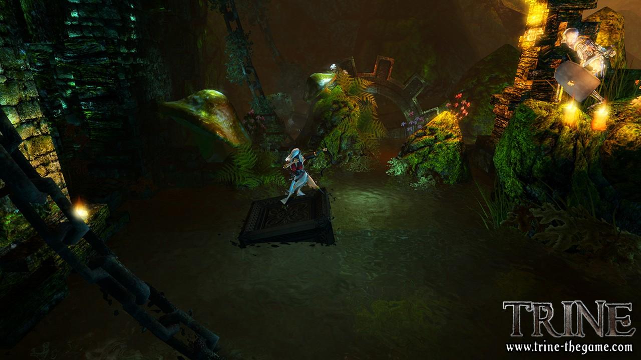 [29/03/2009] Trine: Trine ist in erster Linie ein Jump'n'Run-Spiel mit Kampfeinlagen. Sowohl beim Kämpfen als auch beim Hüpfen müsst ihr allerdings die Regeln der Physik berücksichtigen, um erfolgreich zu sein. Auf dem Screenshot muss beispielsweise ein See mit etwas Geschick und einer Kiste überwunden werden.