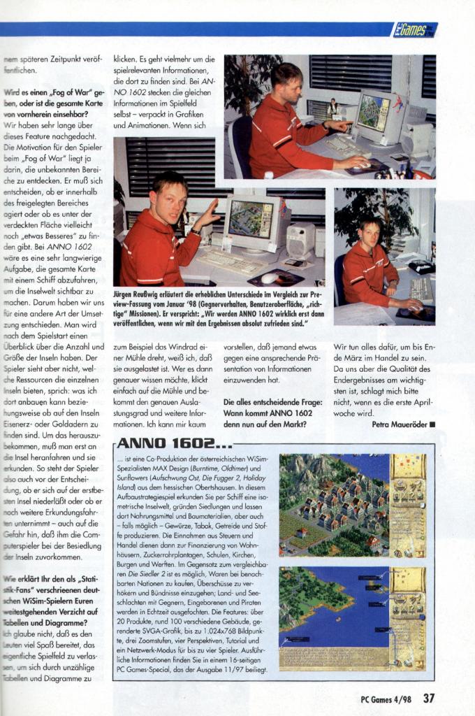 [15/04/2009] Jürgen Reusswig, 1998 bei der Arbeit an Anno 1602. Nach der Schließung seines Entwicklerstudios durch 10tacle, blieb er dem Standort Bratislava (Slowakei) treu und gründete Games Distillery. Dort entsteht momentan der Arcade-Shooter Aqua.