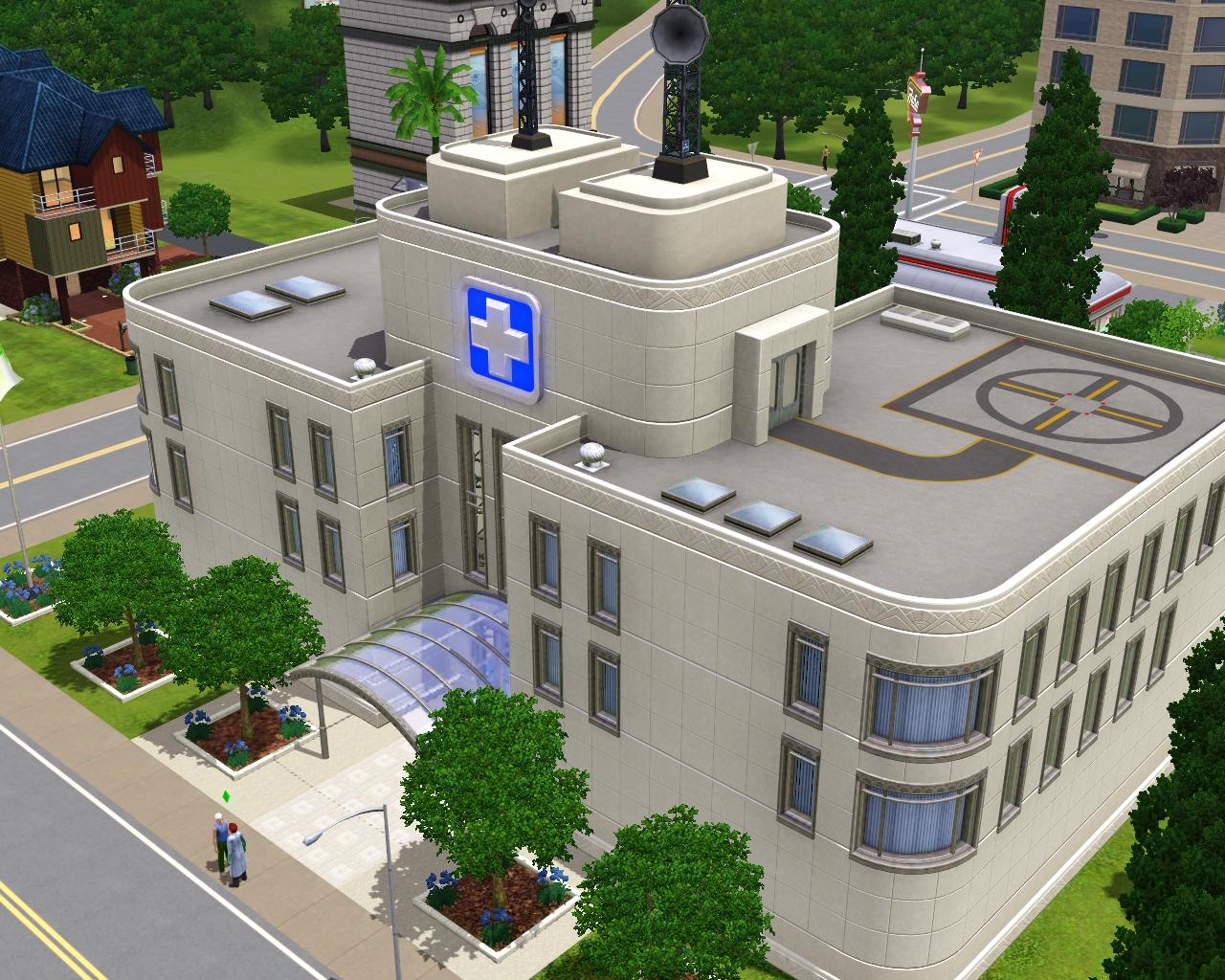 [18/06/2009] Das St.-Angela-Hospital im Zentrum von Sunset Valley ist die Anlaufstelle für alle Sims, die Doktor spielen wollen. Auch Baumkopf Holzfaust fragt hier nach Arbeit – mit Erfolg. (1)