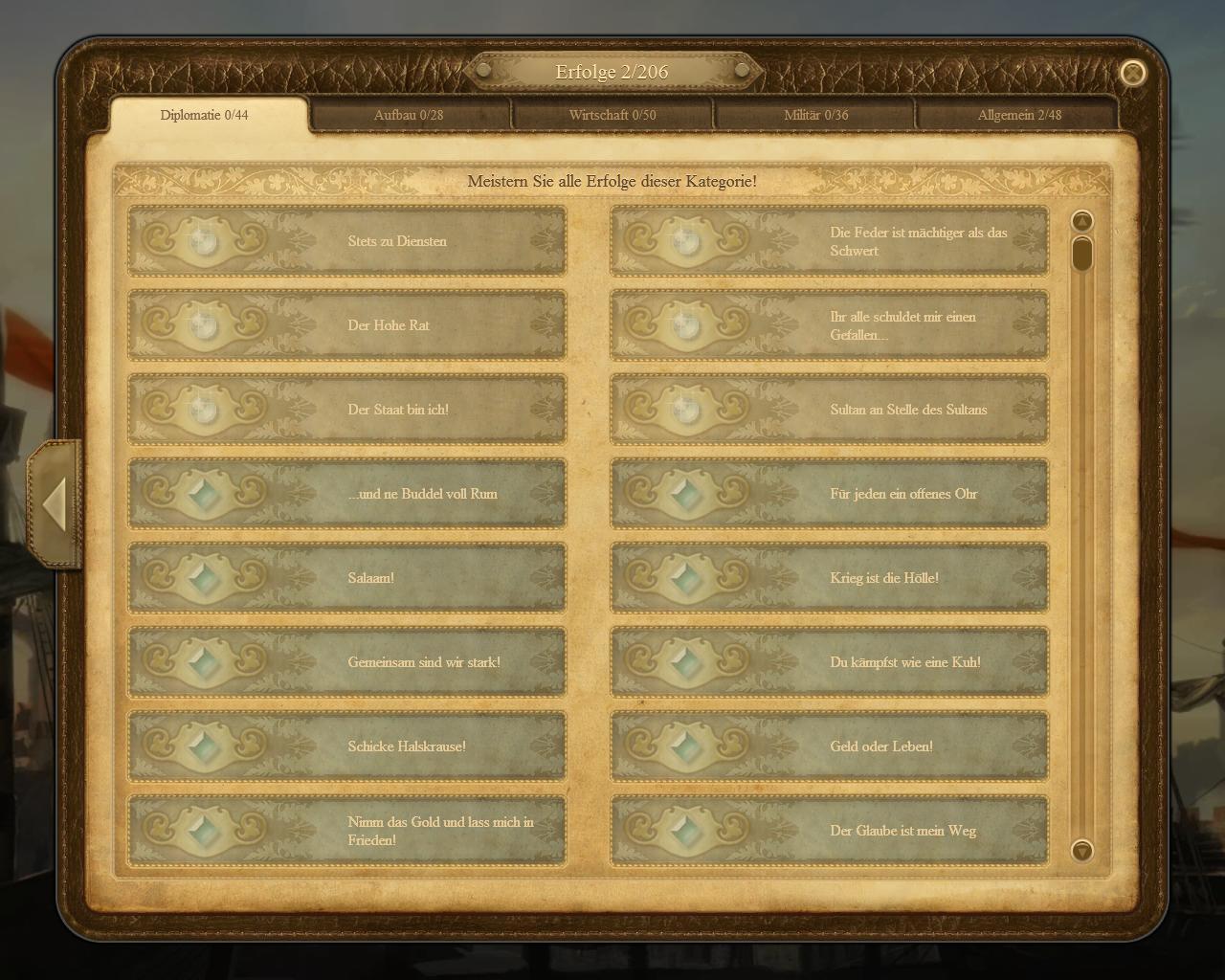 [18/06/2009] Insgesamt gibt es in Anno 1404 206 Erfolge. Hier die Registerkarte Diplomatie.