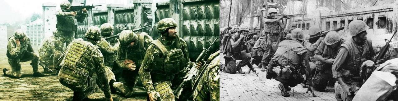 [24/07/2009] Identische Szene: Links sehen Sie einen sogenannten Target-Screenshot zu Operation Flashpoint 2 (Dragon Rising), rechts das Original-Foto, das höchstwahrscheinlich aus dem Vietnamkrieg stammt. 