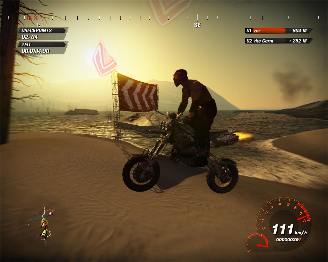 [01/07/2009] Motocross-Rennen am Strand bei Sonnenuntergang – dabei kommt wohlige Stimmung auf.