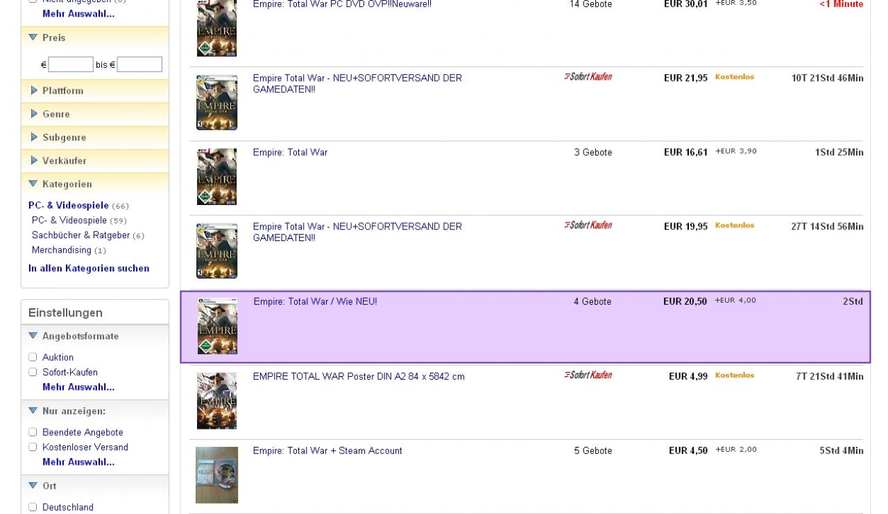 [13/08/2009] Empire: Total War auf ebay.de - Verkäufe erfolgen inklusive Steam-Account-Daten.