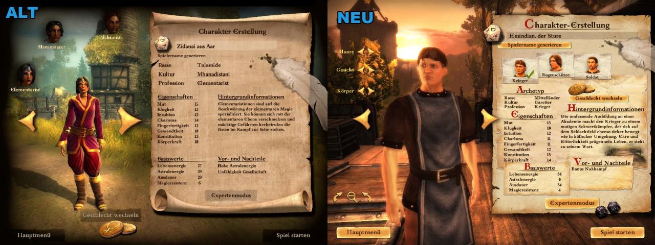 [01/09/2009] Links: Die Charaktererstellung in Das Schwarze Auge: Drakensang - Rechts: Die Charaktererstellung in Drakensang: Am Fluss der Zeit.
