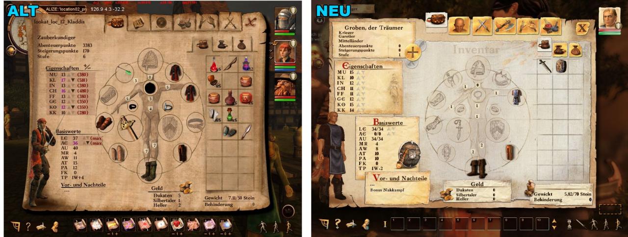 [01/09/2009] Links: Das Inventar in Das Schwarze Auge: Drakensang - Rechts: Das Inventar in Drakensang: Am Fluss der Zeit.