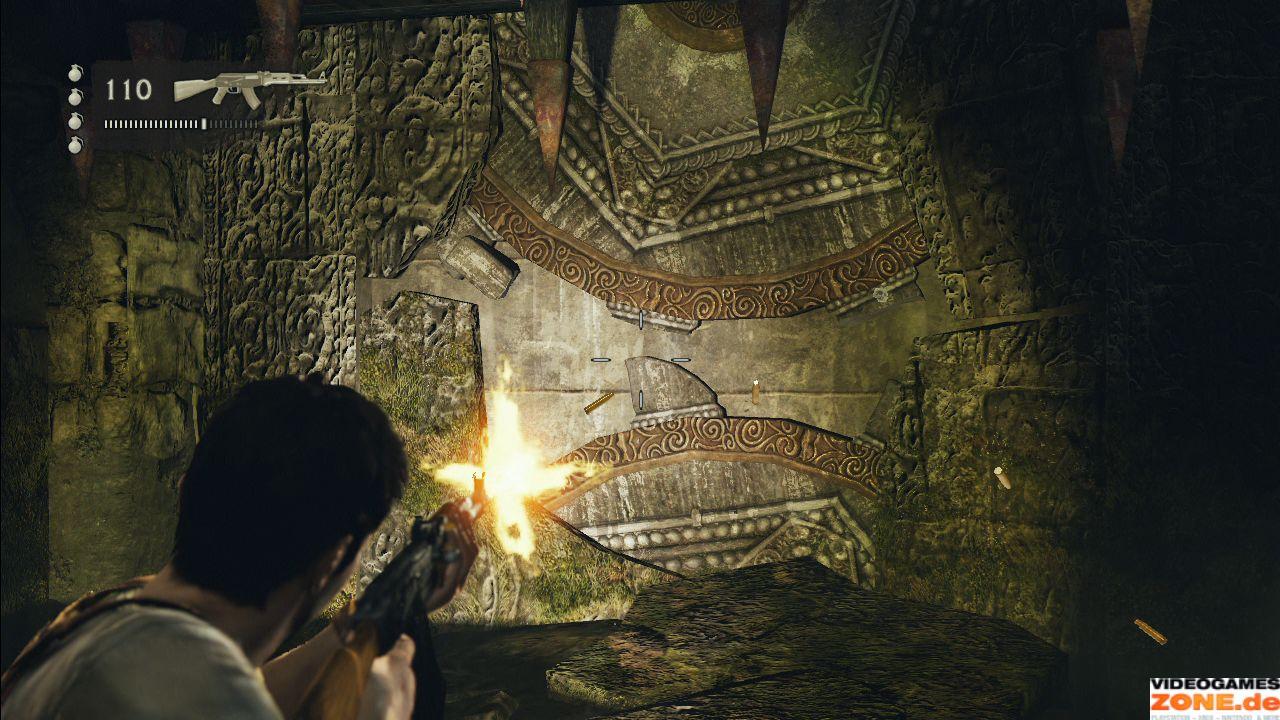 [20/10/2009] Wenn wir gegen Ende von Kapitel 8 in den Raum mit den Stacheln in der Decke fallen, zerschießen wir die Zacken der Zahnräder, um Drake und Chloe zu retten.