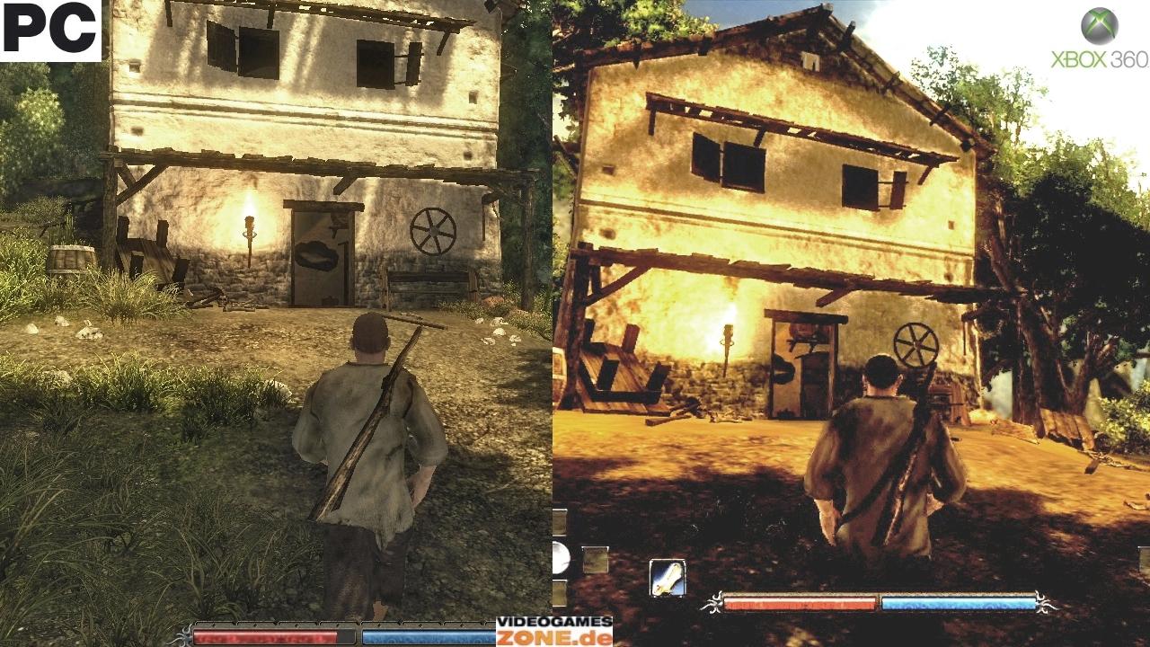 [02/10/2009] Risen - Der obige Bildvergleich spricht Bände. In puncto Grafik musste das Rollenspiel auf der Xbox 360 eine Menge Federn lassen. Konsoleros müssen sich unter anderem mit geringerer Sichtweite und häßlichen Pop-ups begnügen. Finger weg von dieser Portierung.