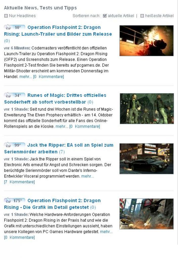 [14/10/2009] Die Standardansicht des Artikel-Tickers: absteigend von neu nach alt sortiert, zusätzlich zur Überschrift werden Einleitungstexte und Bilder ausgegeben.