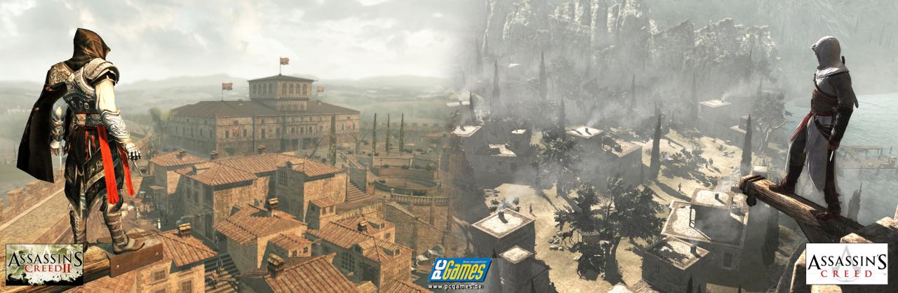 [01/10/2009] Im Gegensatz zu Altair (Assassin’s Creed, rechts) verfügt Ezio Auditore de Firenze (Assassin’s Creed 2, links) über zwei versteckte Klingen, mit denen er entsprechend zwei Gegner gleichzeitig ausschalten kann. Bei einer der beiden Waffen handelt es sich um eine Giftklinge, deren Wirkstoff gestochene Gegner in eine Art Tollwut-Zustand versetzt. Optisch hat Ezio aufgrund mehrerer Kleidungsschichten und Details die Nase vorn. (1)