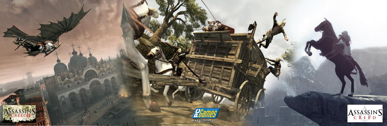 [01/10/2009] In Assassin’s Creed stand Ihnen lediglich das Pferd als Fortbewegungsmittel zur Verfügung. In Assassin’s Creed 2 (beide Bildausschnitte links) kommen Kutschen und ein Flugobjekt hinzu. Letzteres lässt sich allerdings nur missionsbasiert benutzen. Wie es um die Verfügbarkeit der Kutschen bestellt ist, bleibt unklar. Erste Hinweise deuten lediglich auf eine Verwendung innerhalb von speziallen Kutschen-Verfolgungsjagden.
