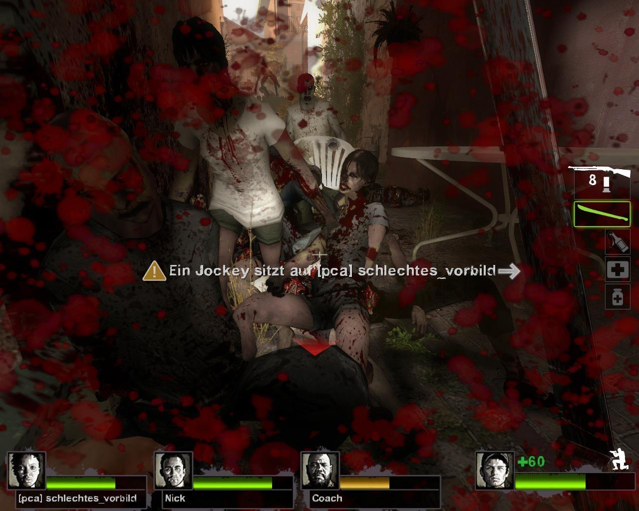 [29/10/2009] Valves Left 4 Dead geht nicht gerade zimperlich mit Blut um. Greifen Unmengen von Zombies an, sieht man fast gar nichts mehr. Kommen die Innereien eines Boomers dazu, mischt sich rotes Blut mit grüner Kotze. Toll... nicht!