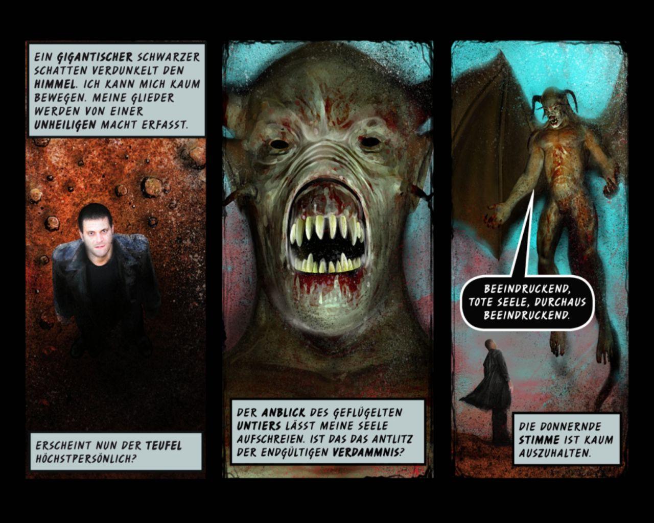 [29/10/2009] Solche Comicstrips erzählen die Resurrection-Geschichte. An manchen Stellen hört der Spieler aber einfach einen Dialog zwischen der Hauptfigur und Engeln/Dämonen.