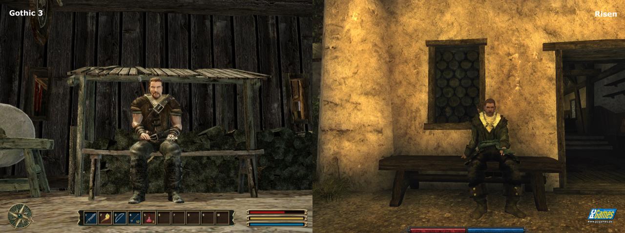 [08/10/2009] Der Held aus Gothic 3 (links) und der Held aus Risen (rechts). Die Sitzposition in Risen wirkt authentischer.