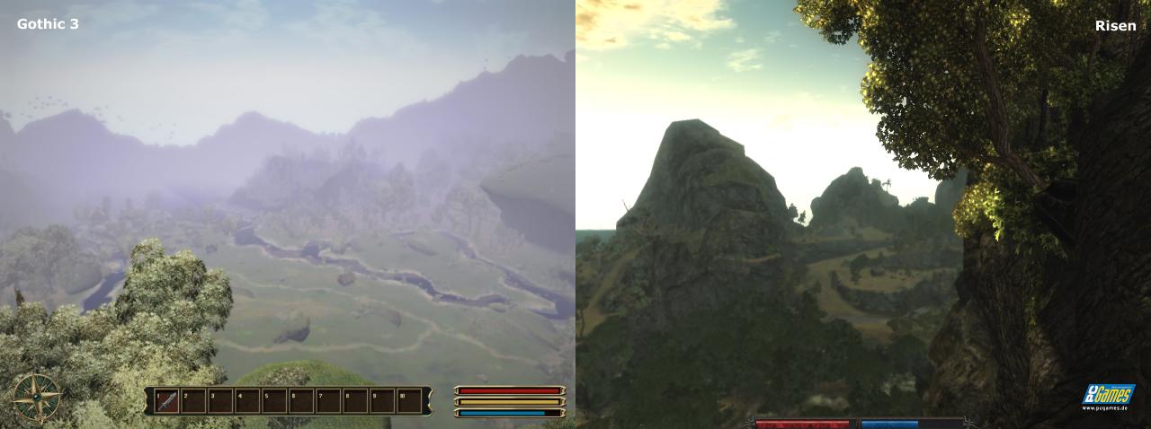 [08/10/2009] Die Sichtweite war in Gothic 3 enorm. In Risen ist sie weniger weitläufig, was aber vor allem an der kleineren Insel liegt.
