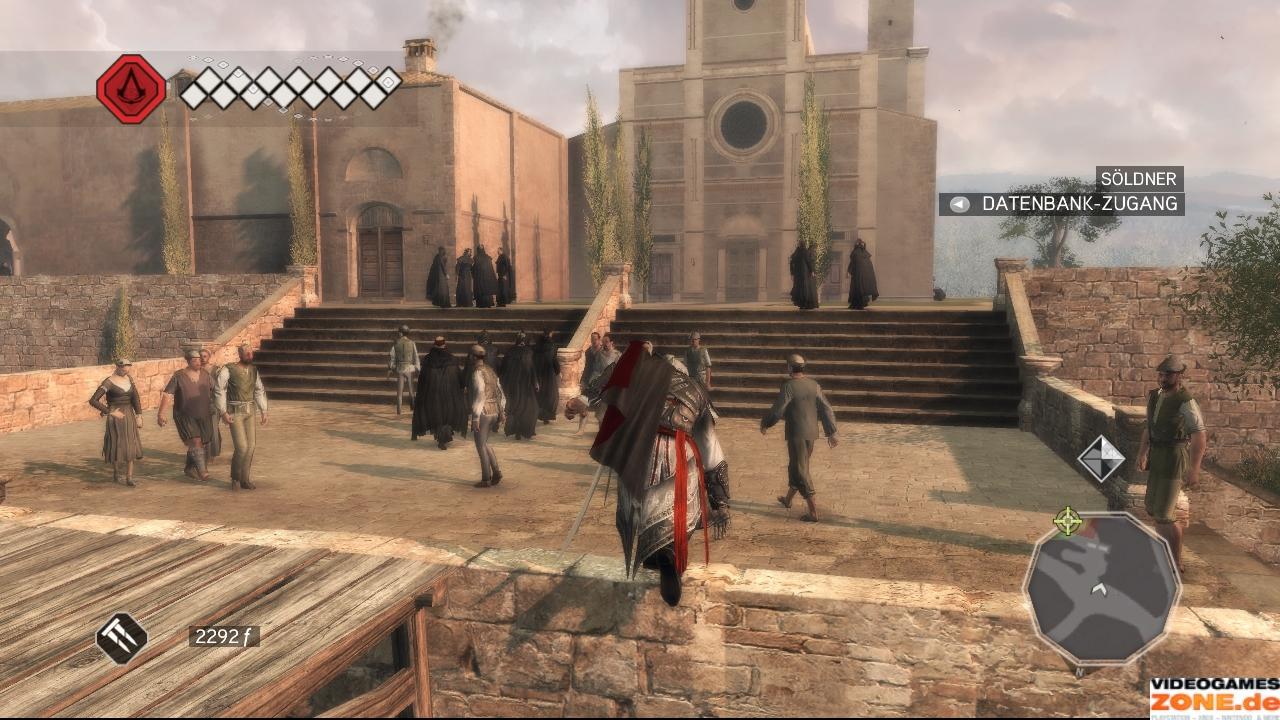 [18/11/2009] Vor dem Kloster im Südosten treffen Sie auf einen von Marios Söldnern, der Ihnen Rauchbomben aushändigt. Stefano da Bagnone, Ihr erstes Ziel, befindet sich in dem flachen Gebäude links neben der Kirche.