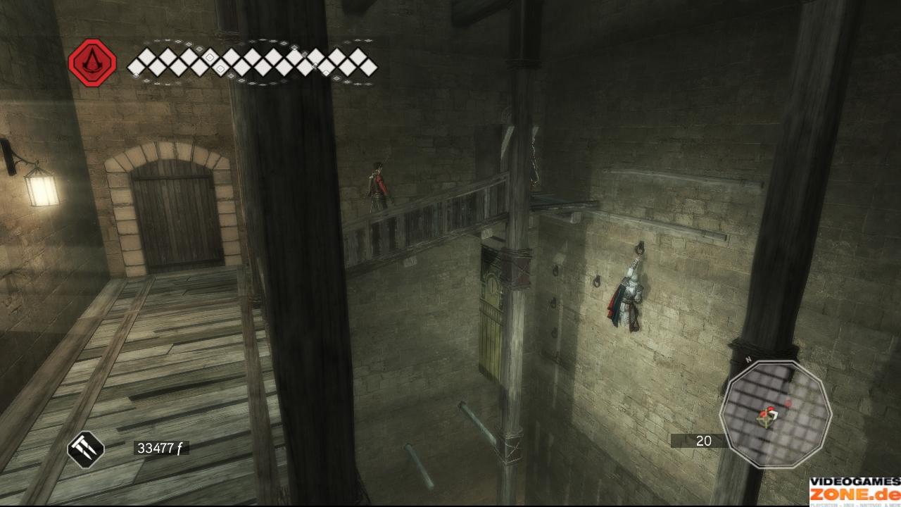 [18/11/2009] Im Turm springt ihr im Uhrzeigersinn über die Balken nach oben. Erledigt die Wache und erklimmt die Leiter. Weiter geht es über die Streben bis zu den in die Wand eingelassenen Ringen. Klettert daran hinauf und tötet oben die beiden patroullierenden Feinde.