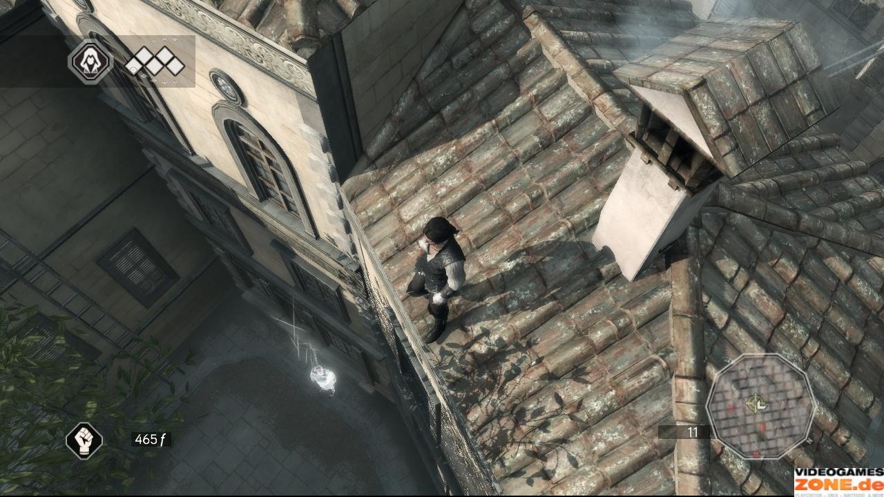 [17/11/2009] Die Zielperson befindet sich im Osten bei dem grünen Fadenkreuz. Um Raufereien mit den verstreuten Feinden zu vermeiden, begibt sich Ezio auf die Dächer und klettert zu Lorenzos Diener hinunter. Danach geht es zurück zu Giovanni.