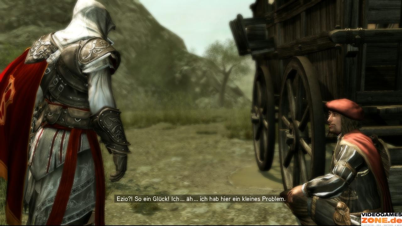 [18/11/2009] Über den Pfad westlich der Stadt reist ihr auf dem Rücken eines Pferdes in die Berge. Dort trefft ihr auch sogleich auf Leonardo, dessen Wagen Ezio in der Zwischensequenz repariert.