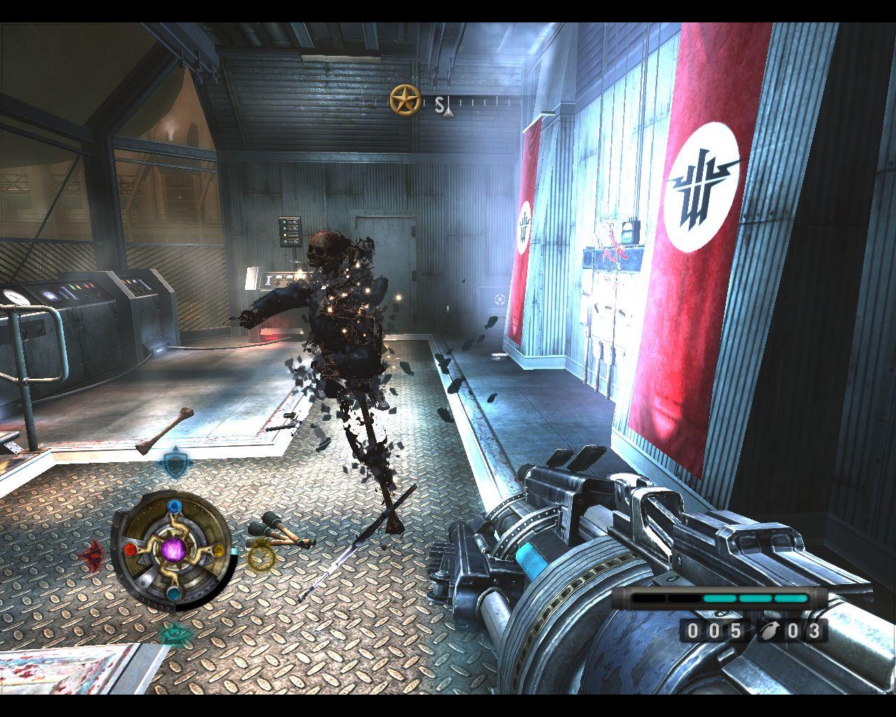 [20/11/2009] Leichenfaust 44 (Wolfenstein): Wer (oder was) sich in den Weg der Leichenfaust 44 stellt, wird im wahrsten Sinne des Wortes pulverisiert.